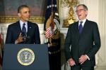 U.S. President Barack Obama speaks while telecom industry lobbyist Tom Wheeler (R) listens during a personnel announcement at the White House on May 1, 2013 in Washington, DC. 