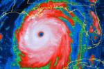 infrared satellite image of Hurricane Katrina in the Gulf of Mexico on August 29, 2005
